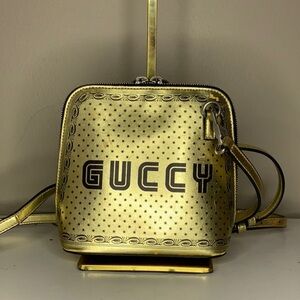 Gucci 'GUCCY' Crossbody Handbag in Metallic Gold Leather (6.3" x 6.75")